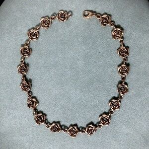 Vintage E&H Signed Antiqued Gold Tone Rose Flower Link Choker 15”